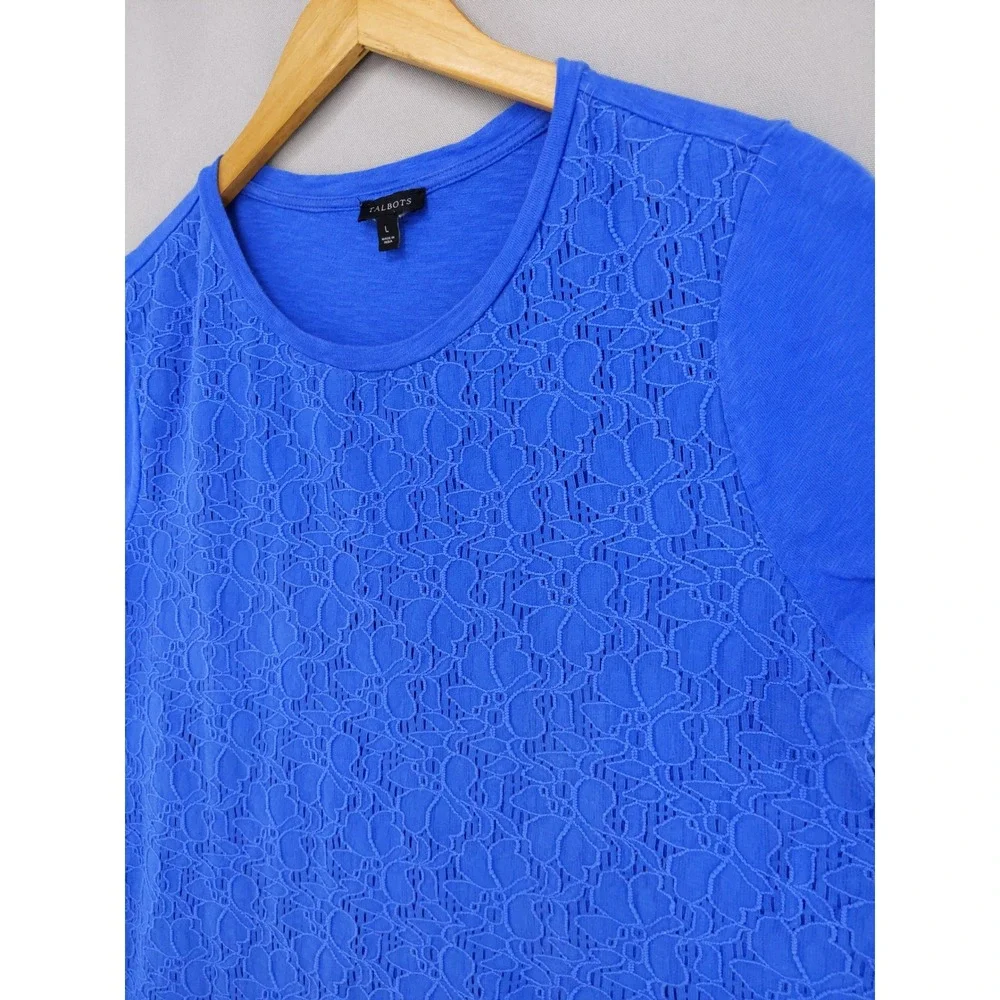 Talbots Lace Front Top Women Large Blue Short Sleeve Floral Overlay Crew Neck